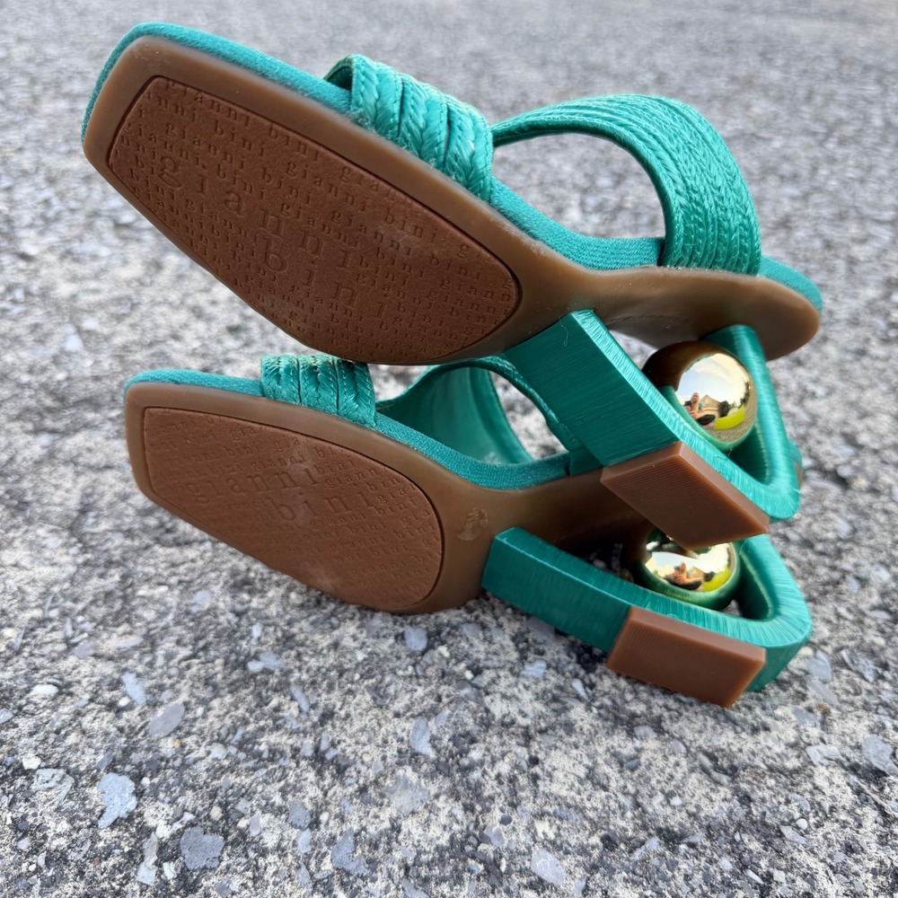 Gianni Bini Pate Palm Green Raffia Gold Ball Heel Slide Sandals Womens 8.5M - Picture 4 of 8